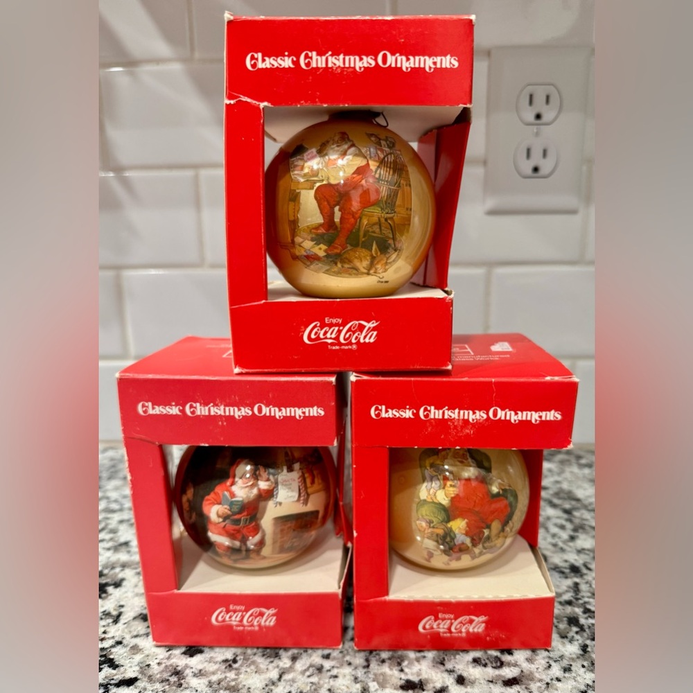 Vintage 1960’s Coca Cola Glass Christmaf Ornaments Set of 3